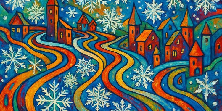 winter, folk art, village, snowflakes, colorful, abstract, whimsical, festive, cold, vibrant, surreal, painting, dreamlike, joyful, holiday, scene, art, fantasy, texture, imaginative, ai generated