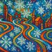 winter, folk art, village, snowflakes, colorful, abstract, whimsical, festive, cold, vibrant, surreal, painting, dreamlike, joyful, holiday, scene, art, fantasy, texture, imaginative, ai generated