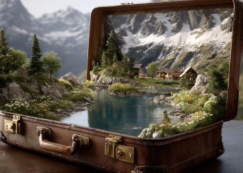 ai generated, suitcase, mountains, lake, diorama, surreal, vintage, nature, landscape, composite, manipulation, alpine, luggage, reflection, leather, travel, magical, fantasy, creative, scenic, peaks, water, outdoor, wilderness, digital