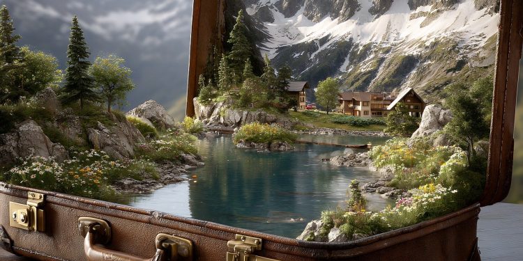 ai generated, suitcase, mountains, lake, diorama, surreal, vintage, nature, landscape, composite, manipulation, alpine, luggage, reflection, leather, travel, magical, fantasy, creative, scenic, peaks, water, outdoor, wilderness, digital