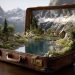ai generated, suitcase, mountains, lake, diorama, surreal, vintage, nature, landscape, composite, manipulation, alpine, luggage, reflection, leather, travel, magical, fantasy, creative, scenic, peaks, water, outdoor, wilderness, digital