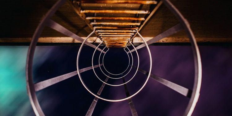 down view of brown metal ladder