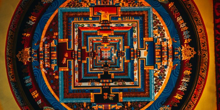 brown and green round area rug