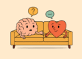brain, heart, couch, therapy, communication, emotions, logic, psychology, discussion, understanding, relationship, conflict, question, agreement, disagreement, balance, mental health, cartoon