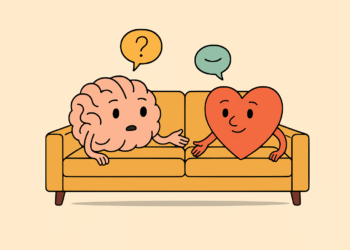 brain, heart, couch, therapy, communication, emotions, logic, psychology, discussion, understanding, relationship, conflict, question, agreement, disagreement, balance, mental health, cartoon