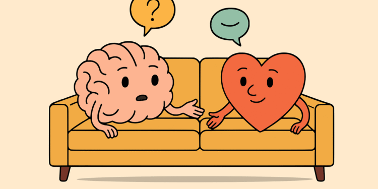 brain, heart, couch, therapy, communication, emotions, logic, psychology, discussion, understanding, relationship, conflict, question, agreement, disagreement, balance, mental health, cartoon