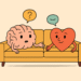 brain, heart, couch, therapy, communication, emotions, logic, psychology, discussion, understanding, relationship, conflict, question, agreement, disagreement, balance, mental health, cartoon