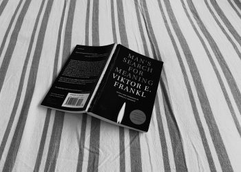 black book on gray and white striped textile