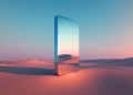 ai generated, mirror, desert, projection, view, illusion, nature, fantasy, space, perspective, light, horizon, landscape, background