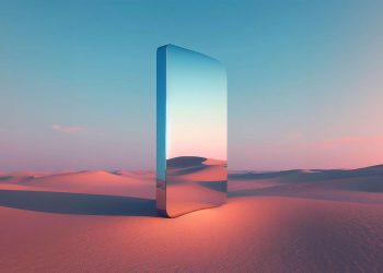ai generated, mirror, desert, projection, view, illusion, nature, fantasy, space, perspective, light, horizon, landscape, background