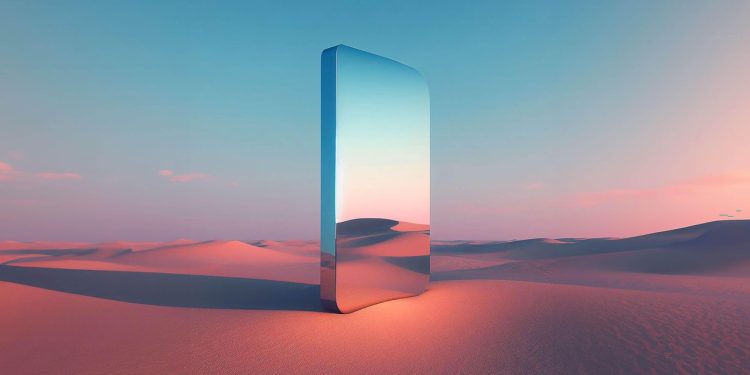 ai generated, mirror, desert, projection, view, illusion, nature, fantasy, space, perspective, light, horizon, landscape, background