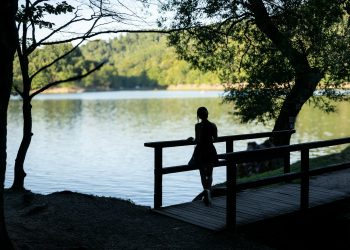 a person sitting on a bench near a body of water