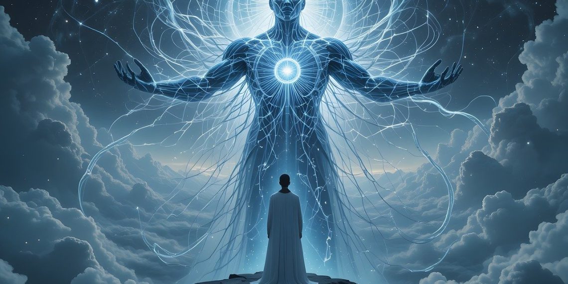 ai generated, scene, scenic, photorealistic, meeting, divine, humanity, colossal