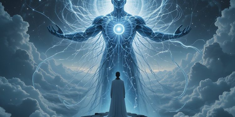 ai generated, scene, scenic, photorealistic, meeting, divine, humanity, colossal