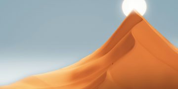 a desert landscape with a bright sun in the sky